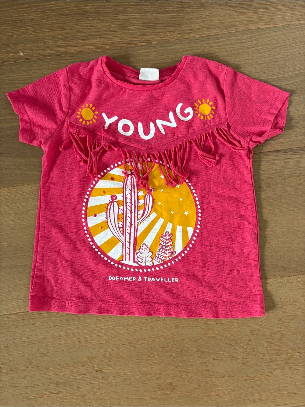 Zara Girls Pink Fringe Tee with Yellow Cactus Graphic
